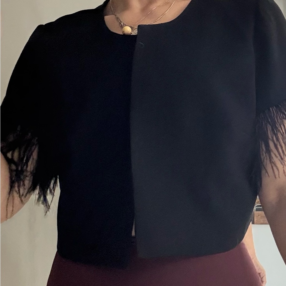 SLAY!!! Black Feather Sleeve Crop Jacket - Picture 10 of 12